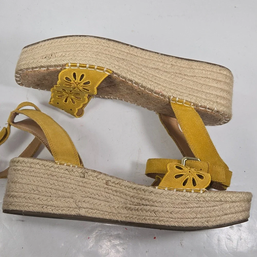 Crown Vintage Mustard Yellow Leather Floral Espadrille Platform Sandals 9.5M